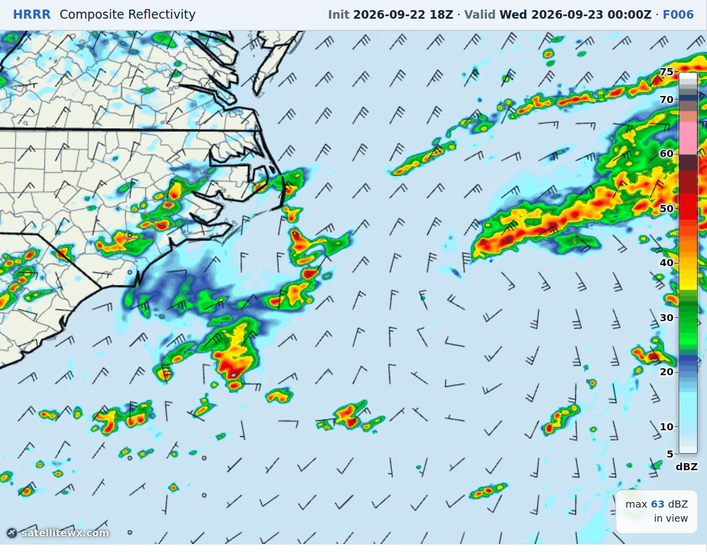 HRRR composite reflectivity with 10 m wind barbs over the Carolinas and the western Atlantic, valid 00Z Wednesday 23 September at F006