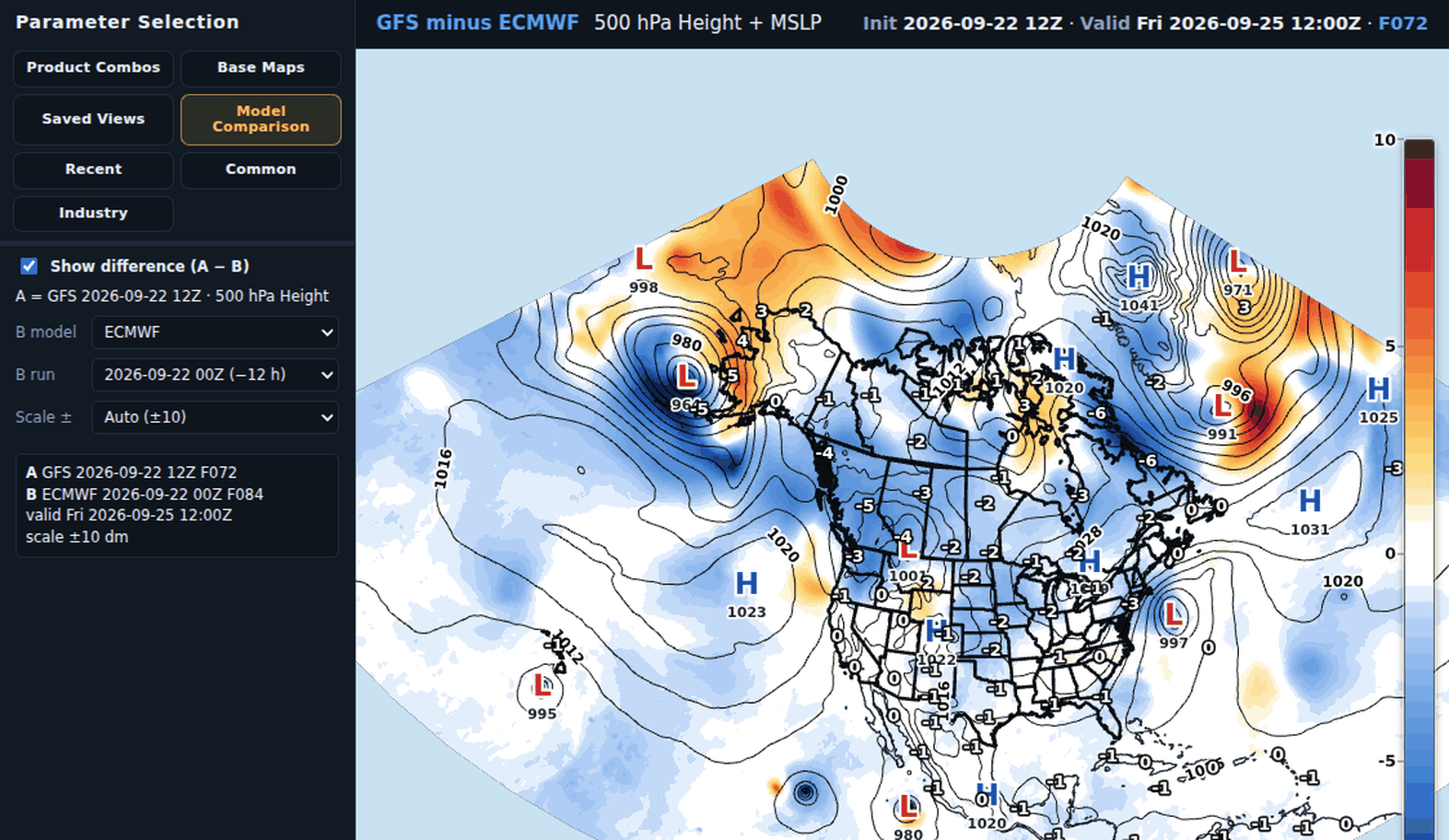 The full viewer with Model Comparison open: GFS 12Z F072 minus ECMWF 00Z F084, 500 hPa height with MSLP contours over North America, both valid 12Z Friday 25 September