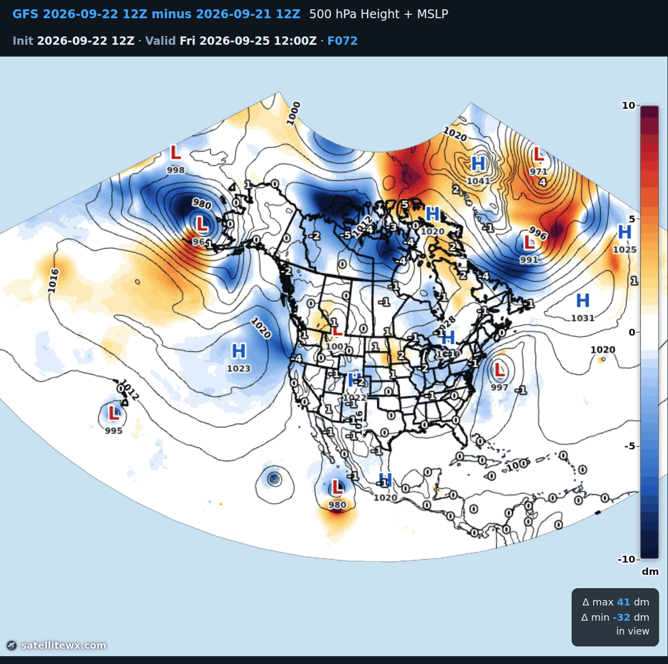 GFS 12Z 22 September minus GFS 12Z 21 September, 500 hPa height with MSLP contours, valid 12Z Friday 25 September at F072