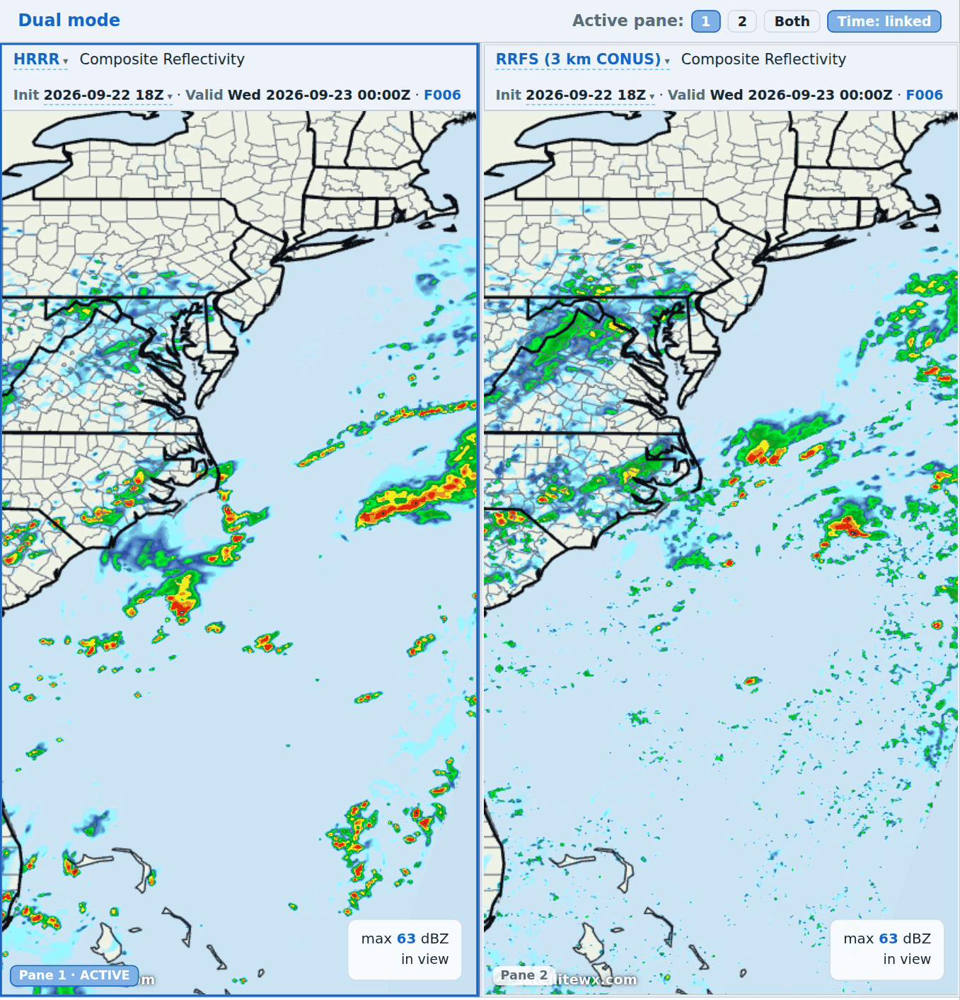 Dual mode: HRRR and RRFS composite reflectivity side by side over the Mid-Atlantic and the Carolinas, both from 18Z 22 September and valid 00Z Wednesday 23 September at F006
