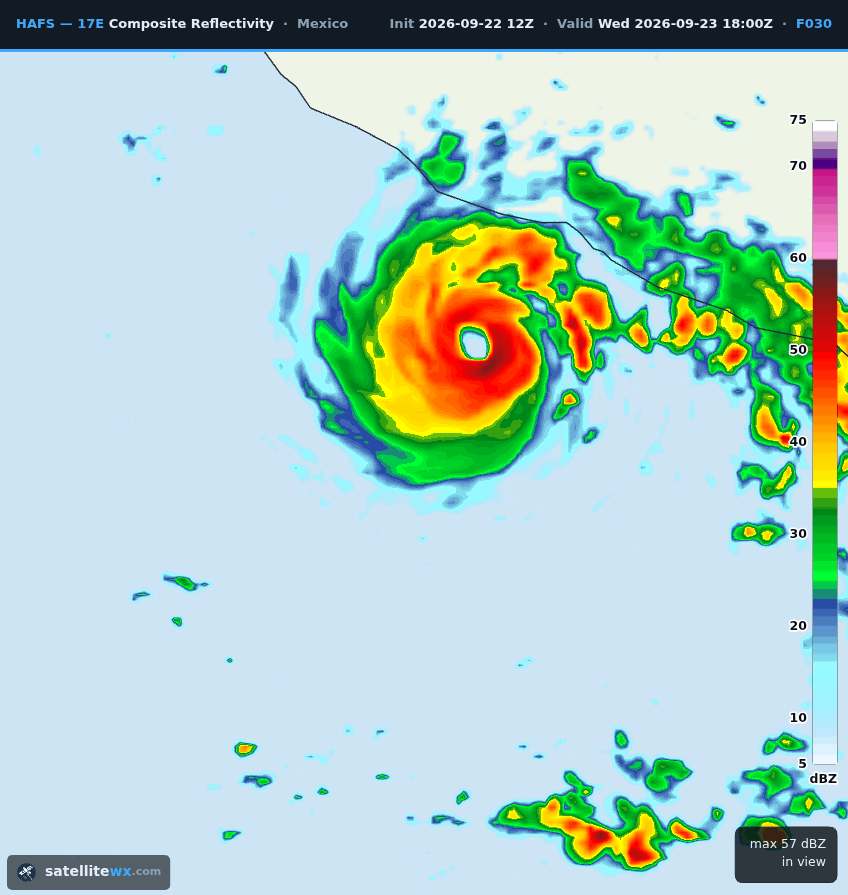 A saved PNG of HAFS 17E composite reflectivity at F030 with the model, product, region, run and valid time burned into its header