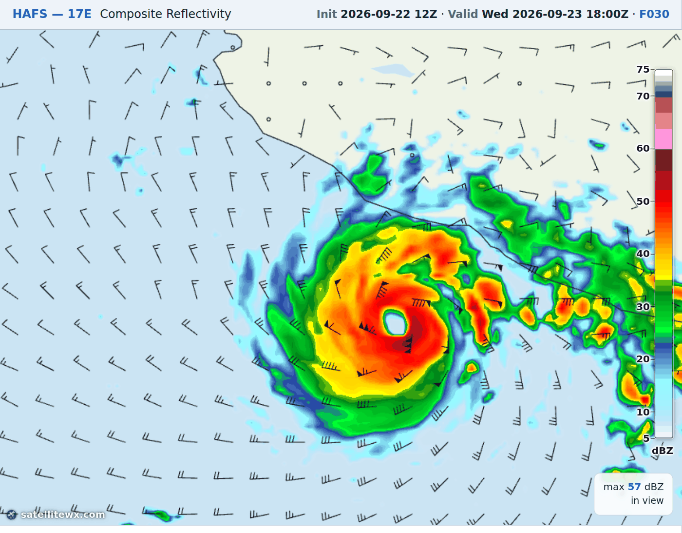 HAFS storm 17E composite reflectivity with 10 m wind barbs off the Pacific coast of Mexico, valid 18Z Wednesday 23 September at F030