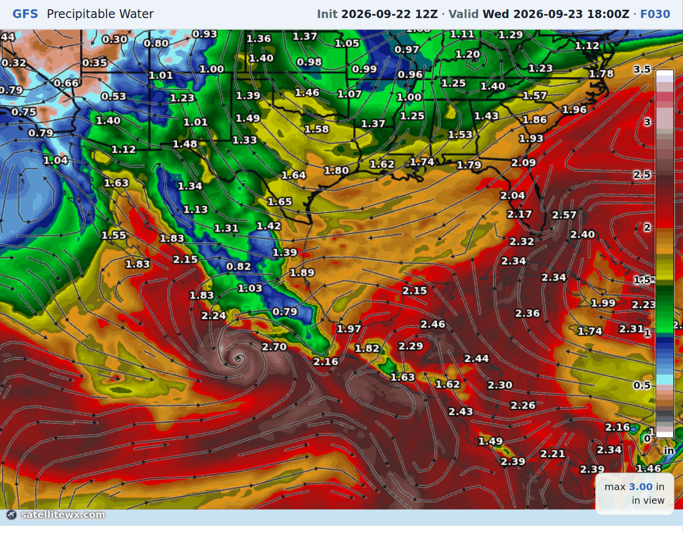 GFS precipitable water with 850 hPa streamlines over Mexico, the Gulf and the southern United States, valid 18Z Wednesday 23 September at F030, with a tropical cyclone visible off western Mexico