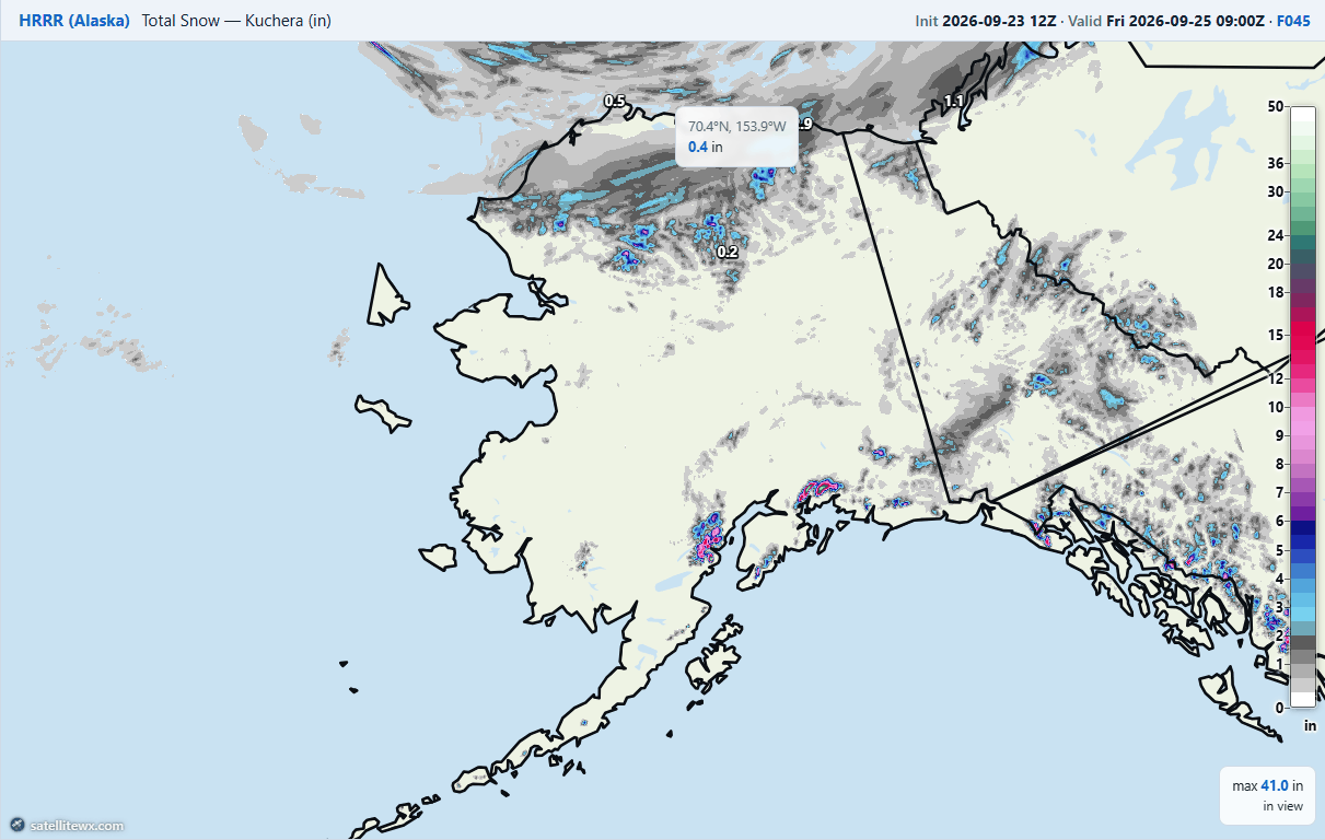 HRRR Alaska total snowfall (Kuchera ratio) in inches from the 12Z run of 23 September, valid 09Z Friday 25 September at F045, with the inspector reading 0.4 in at 70.4 N, 153.9 W