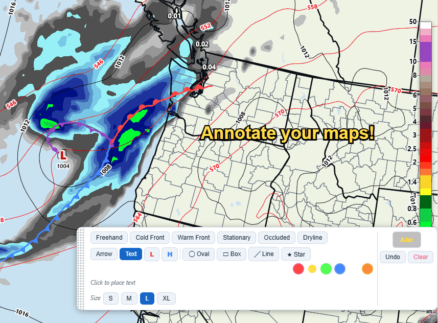 The draw toolbar open over a precipitation map of the Pacific Northwest, with a hand-drawn cold front, warm front and occluded front, an L low marker and the text 'Annotate your maps!', and the freehand, front, arrow, text, H/L, oval, box, line, star, colour and size buttons