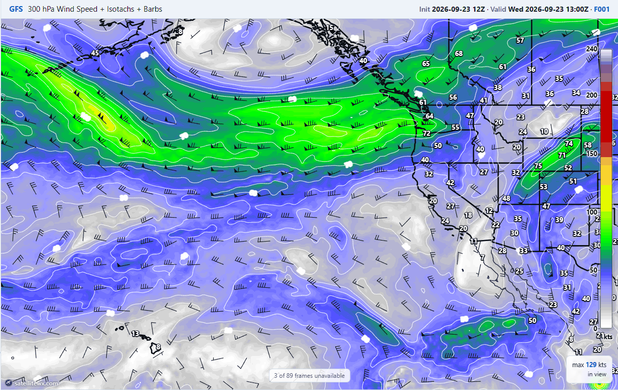 GFS 300 hPa wind speed with isotachs and wind barbs over the eastern Pacific and western North America from the 12Z run of 23 September, valid 13Z Wednesday 23 September at F001, a jet streak across the Pacific into British Columbia