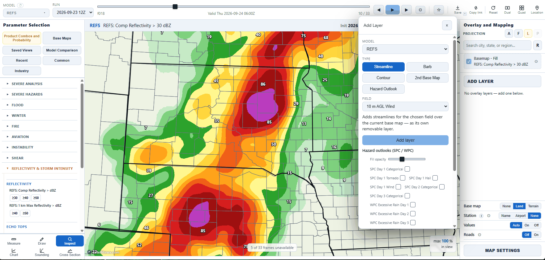 The full viewer adding a layer: REFS composite reflectivity probability of 30 dBZ from the 12Z run of 23 September, with the Add Layer dialog open to a 10 m wind streamline layer, the other layer types (barb, contour, second base map, hazard outlook) and the SPC and WPC outlook checkboxes