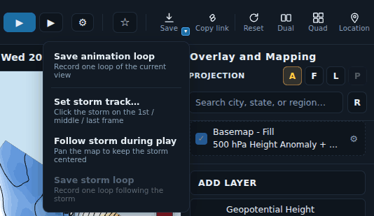 Close-up of the viewer's toolbar with the Save menu open under the Save button, showing Save animation loop, Set storm track, Follow storm during play and Save storm loop, beside the Copy link, Reset, Dual, Quad and Location buttons