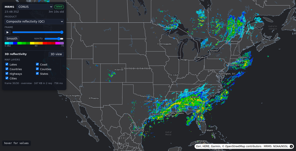 Radar viewer showing reflectivity over the central United States