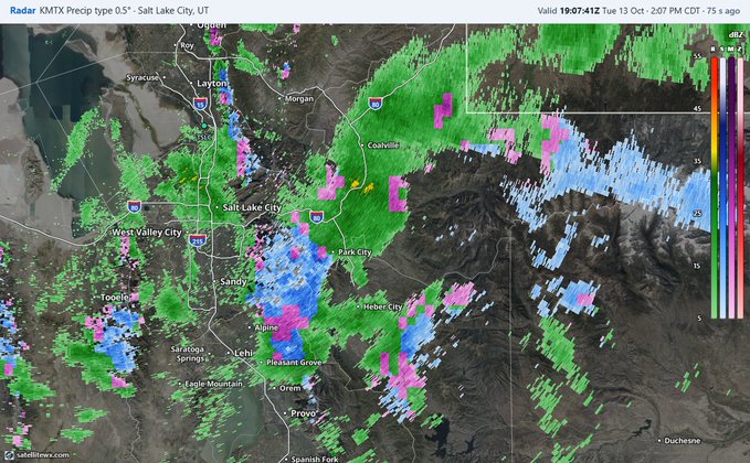 Precipitation type radar near Salt Lake City, rain and snow in separate color ramps
