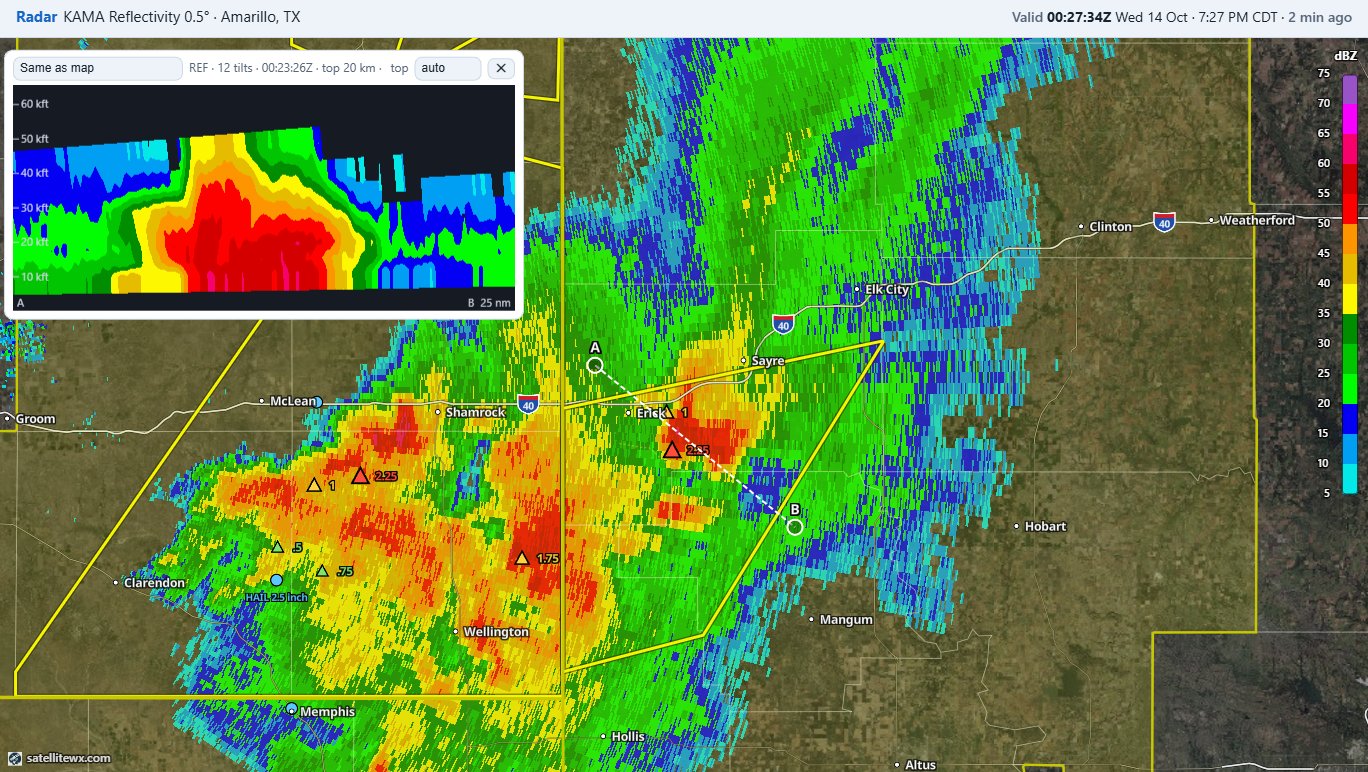 Radar map with a cross-section line A to B and the vertical slice shown in a panel