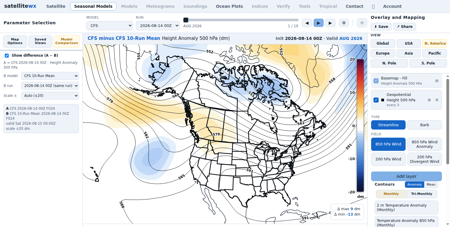 CFS minus CFS 10-Run Mean, 500 hPa height anomaly over North America