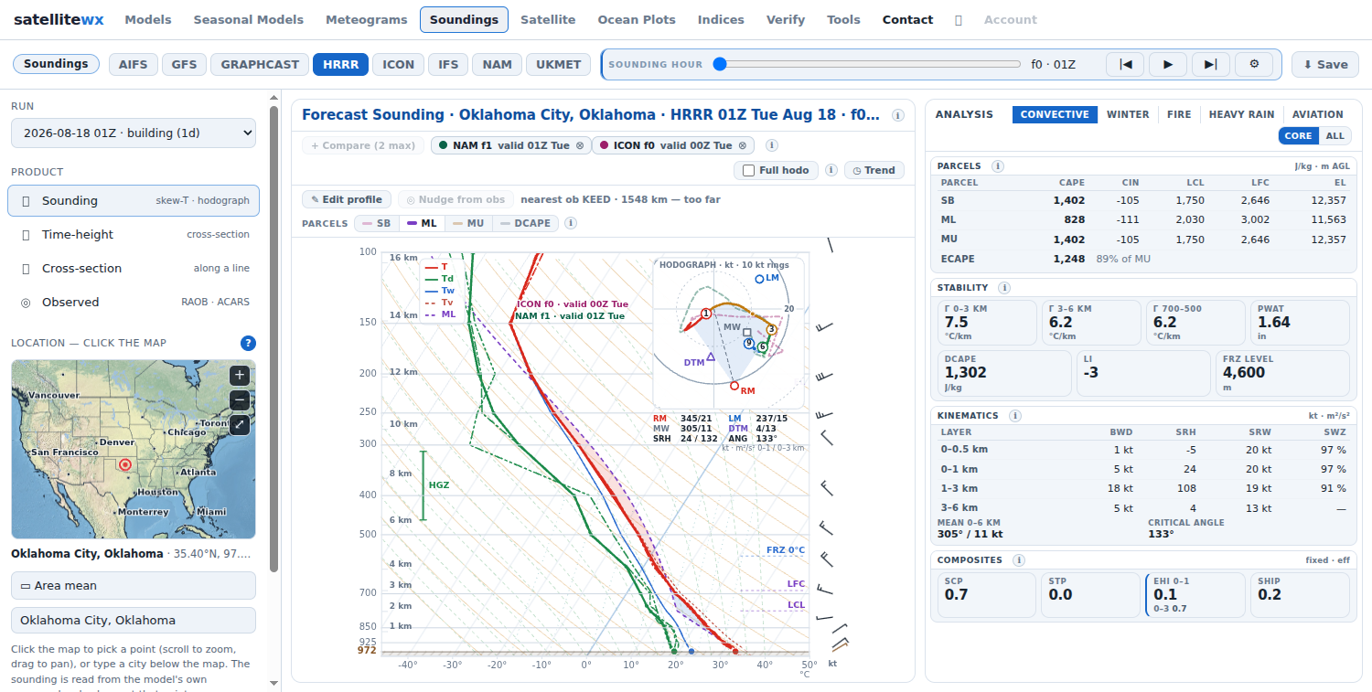 NAM and ICON profiles overlaid on the HRRR skew-T for Oklahoma City, paired by valid time