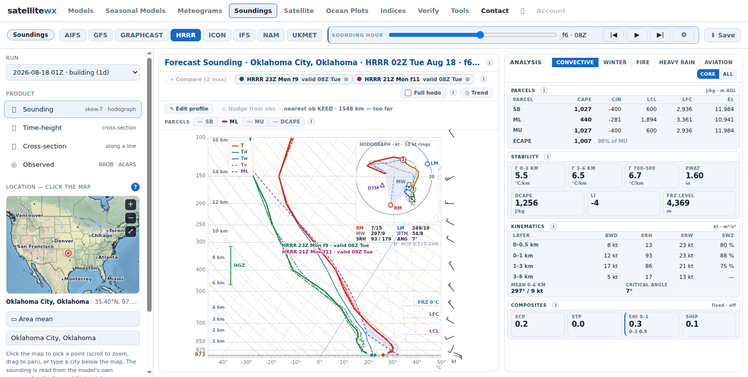 Three successive HRRR runs drawn on one skew-T for the same valid hour