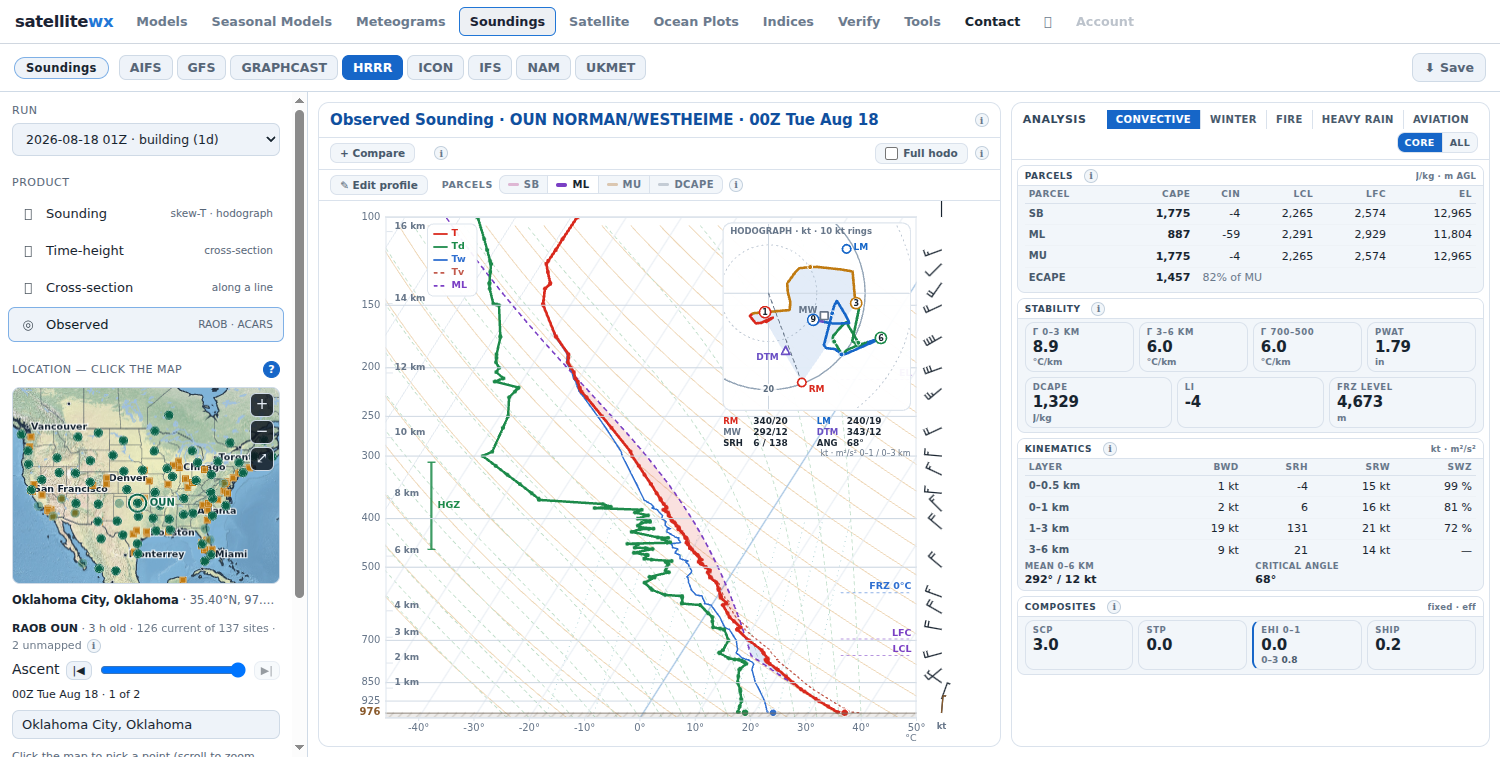 Observed 00Z rawinsonde for Norman, Oklahoma with RAOB and aircraft sites marked across the map